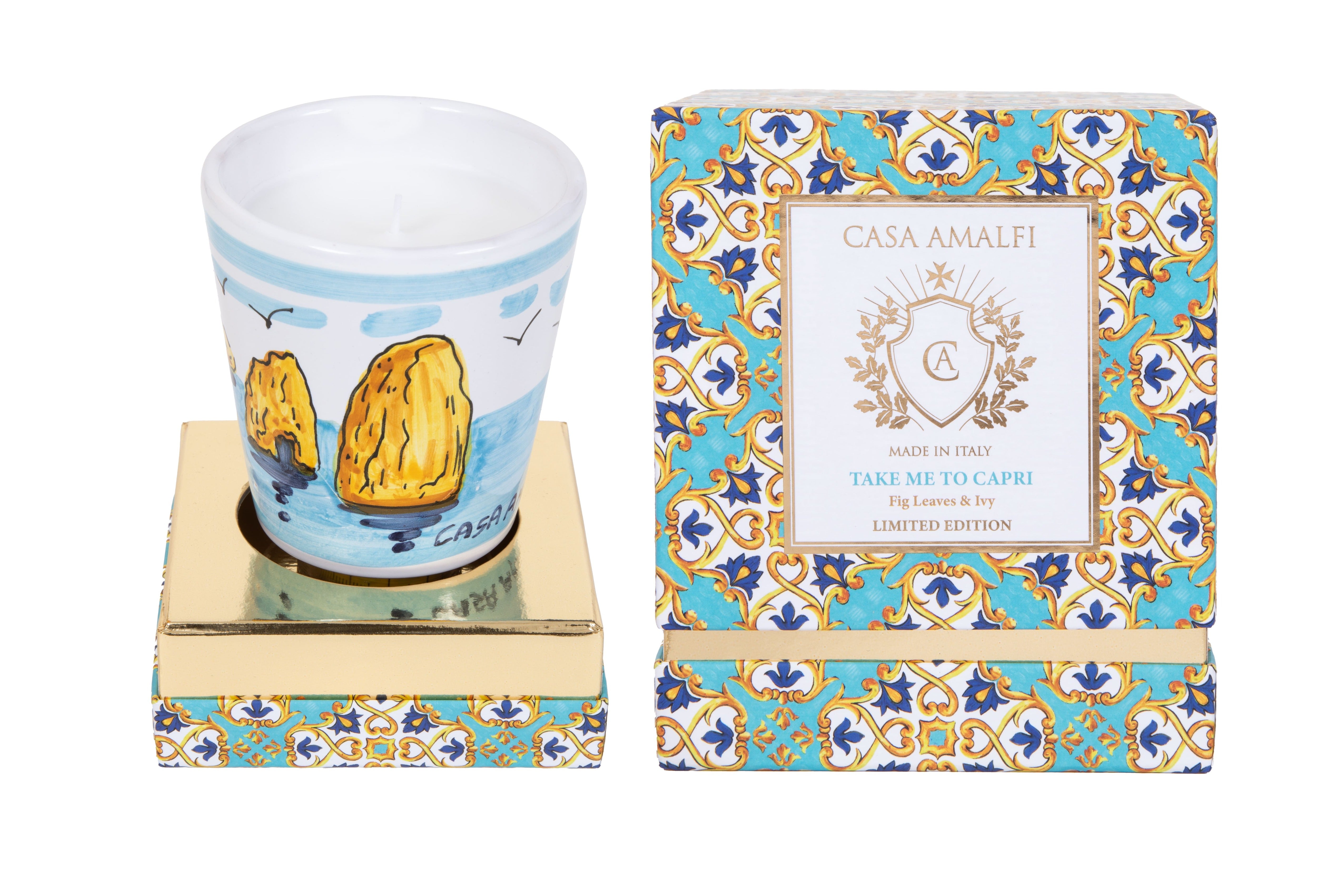 TAKE ME TO CAPRI Faraglioni Hand Painted Soy Candle - Fig Leaves
