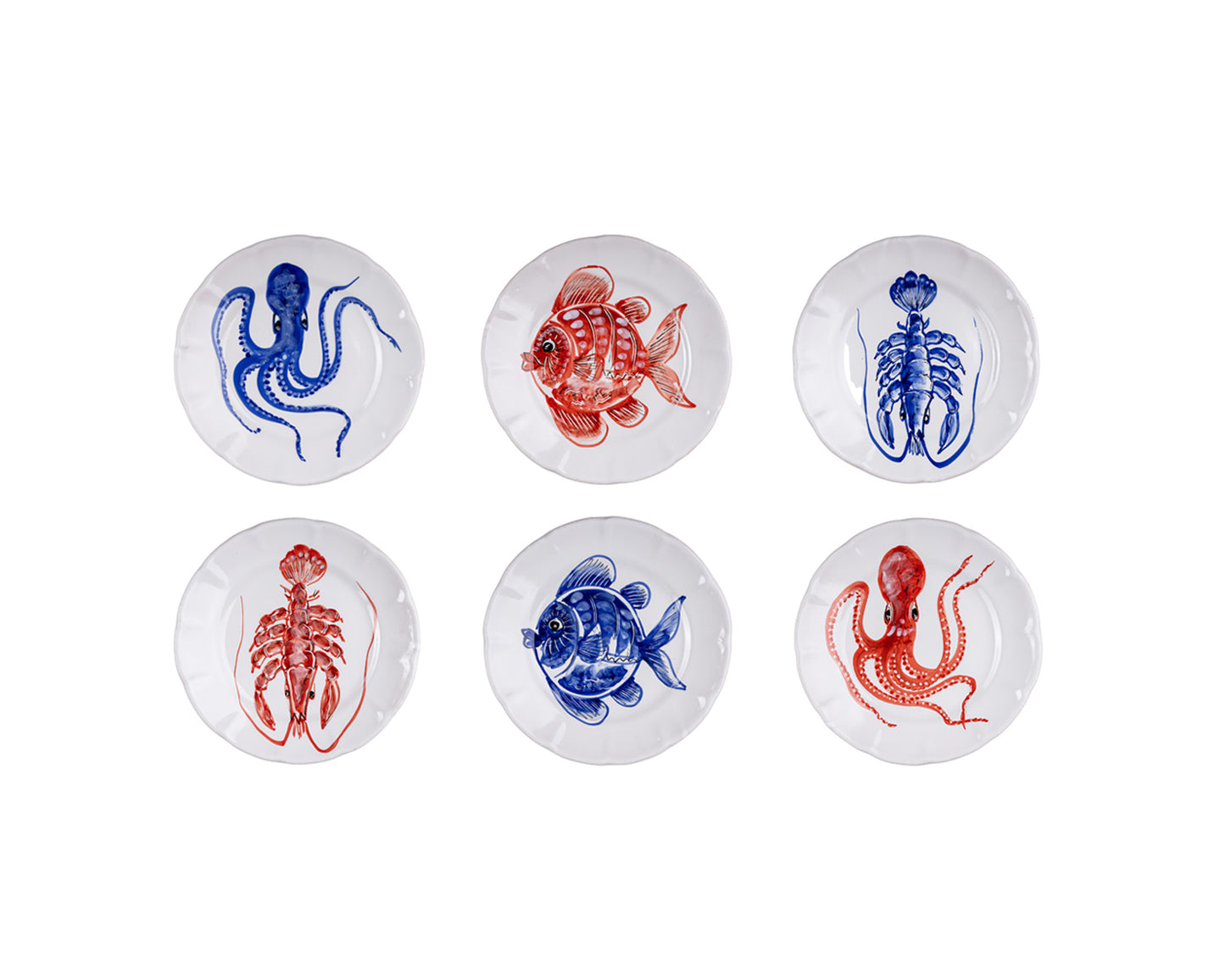 RED & BLUE FISH DINNER PLATES - Set of 6