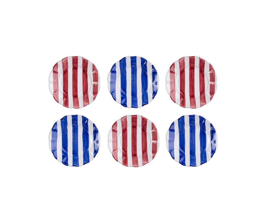 RED & BLUE STRIPED SMALL SIDE PLATES SET OF 6 - 16CM